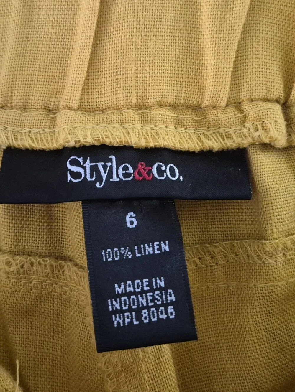Style & Co. 100% Linen Wide Leg Pants Mustard Yellow Elastic Drawstring Size 6